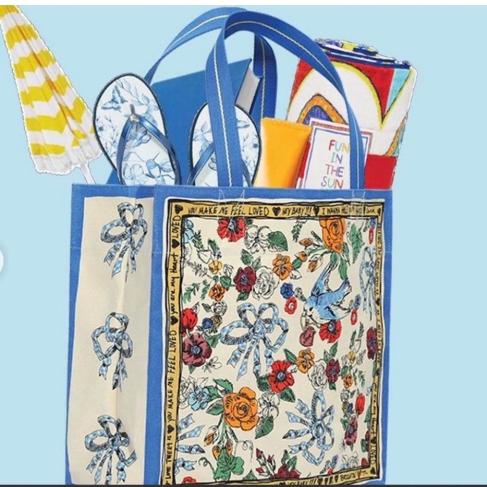 Brighton Checked Tote with Scripted Love Accent - Blue, Cream, Green